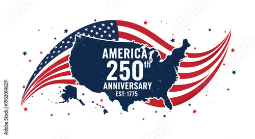 Dramatic vector illustration of the USA map with waving American flag elements for celebrating the 250th anniversary, perfect for historical events, patriotic holidays, and national campaigns.