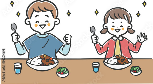 カレーライスを前にして喜ぶ子供たち　ベクター
