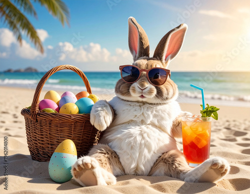 Osterhase am Strand mit Cocktail lehnt sich an ein Korb voller Ostereier