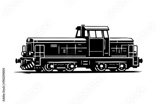 Side profile view of a diesel switcher locomotive showing compact engine housing