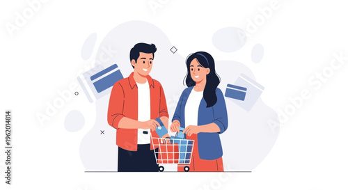Couple Shopping Online with Credit Cards and Shopping Cart, E-commerce Concept
