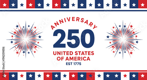 Patriotic design with fireworks burst and stars, celebrating USA's 250th anniversary, concept for national holiday promotions, patriotic events and historical commemorations.