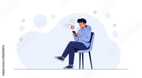 Young man using smartphone, receiving notifications, modern flat illustration