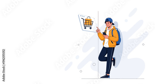 Man using smartphone for online shopping with shopping cart icon, e-commerce concept