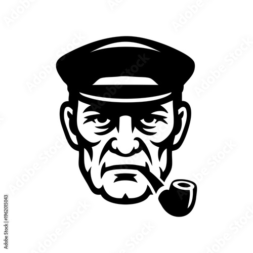 Logo con la cabeza de un hombre maduro con gorra de capitán. Dibujo de viejo marinero fumando en pipa