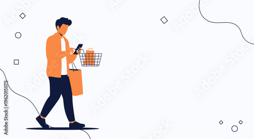 Man with Shopping Basket and Bag Using Mobile Phone