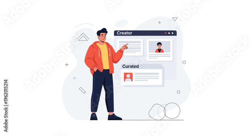 Man pointing at digital interface with creator and curated sections, online content management