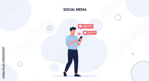 Man using smartphone with social media notifications, likes and messages, modern flat illustration