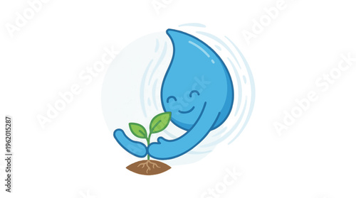 Water Droplet Character Nurturing a Green Plant Seedling Illustration