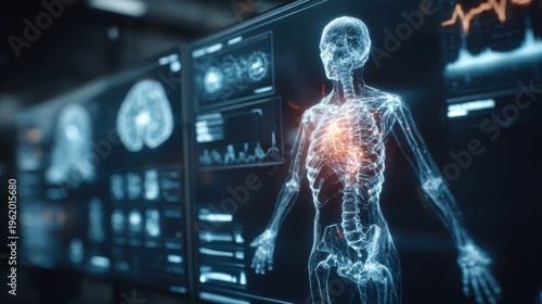 Medical technology shows human anatomy with data display equipment in a research lab during daytime