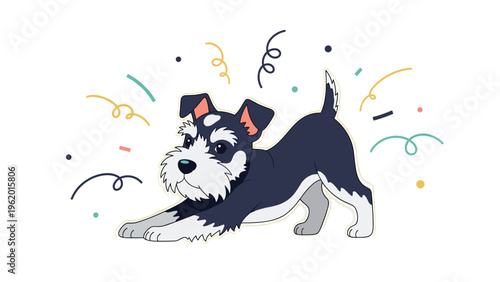Happy schnauzer dog in a playful stretching pose surrounded by colorful confetti and curly streamers in a fun illustration.