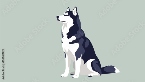 Majestic siberian husky dog sitting calmly in profile against a soft blue green background in a flat illustration.