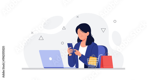 Woman using smartphone for online shopping with laptop and shopping bags
