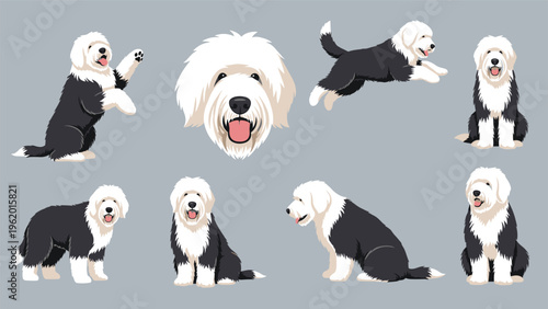 Diverse collection of old english sheepdog illustrations depicting the breed running, sitting, and waving in black and white.