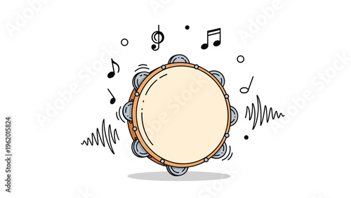 Colorful tambourine illustration surrounded by musical notes and sound wave lines in a vibrant and artistic style.