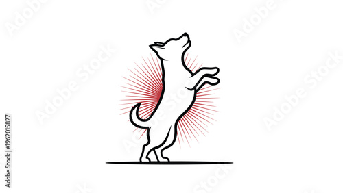 Simple black outline of a playful dog standing on its hind legs in front of a red sunburst ray background on white.