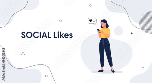 Social Likes Concept: Woman Using Smartphone with Heart Icons and Social Media Notification