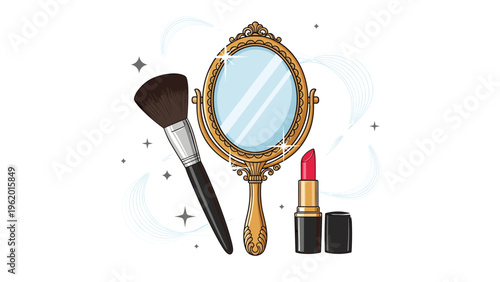 Classic makeup vanity mirror in an ornate gold frame accompanied by a lipstick and a large powder brush on white.