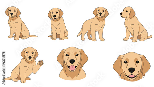 Large collection of golden retriever puppy illustrations in various sitting and waving poses with friendly faces.