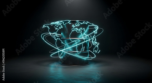 Glowing blue neon world map outline.
