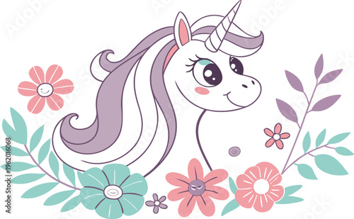 A cute cartoon vector illustration of a funny pink horse character and a baby unicorn designed as a domestic farm animal symbol with nature flowers