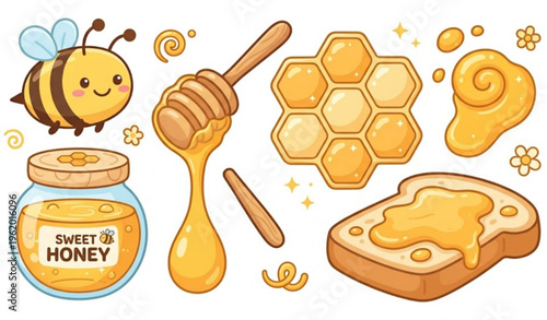 Cute Cartoon Honey Set with Bee Jar Honeycomb and Dripping Honey Illustration