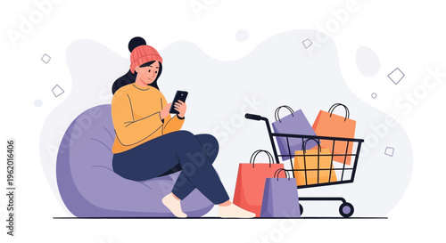 Woman shopping online on phone with shopping cart and bags