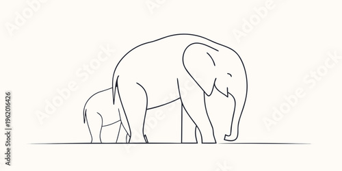 A minimalist line drawing depicts an adult elephant and its calf