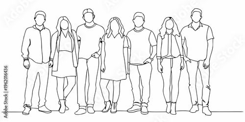 Line art illustration of a group of people standing closely together