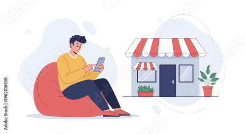 Man using tablet near a small shop, online shopping concept