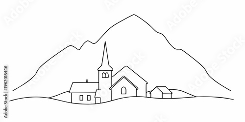 Simple line drawing of a church nestled in a mountainous landscape