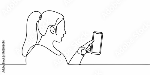 Continuous line drawing of a woman using a smartphone