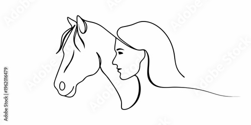 A delicate line drawing depicts a woman and a horse in profile