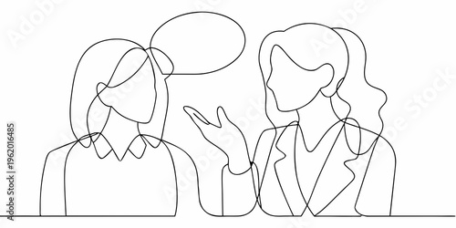Two women engaged in conversation depicted in a minimalist line art style
