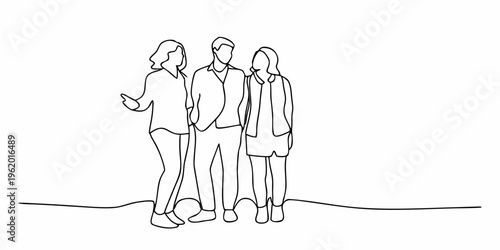 Continuous line drawing depicts three people standing closely together