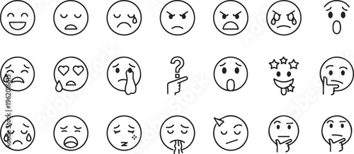 Set of 20 hand-drawn emoji faces showing diverse emotions and reactions for communication and design