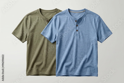 Set of two men's t-shirt henley shirts in green and blue colors with short sleeve available on gray background mockup