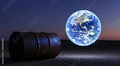 Oil barrel next to Earth globe.