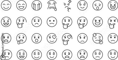 set of hand drawn diverse emoji faces expressing full range of human emotions and reactions on white background