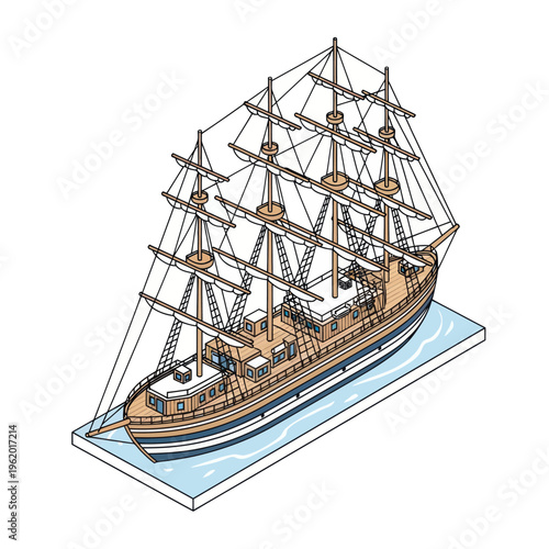 Vintage 3D Model of Sailing Ship.
