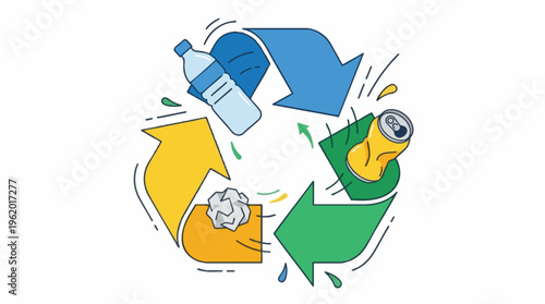 Recycling Symbol with Plastic Bottle Aluminum Can and Paper Waste