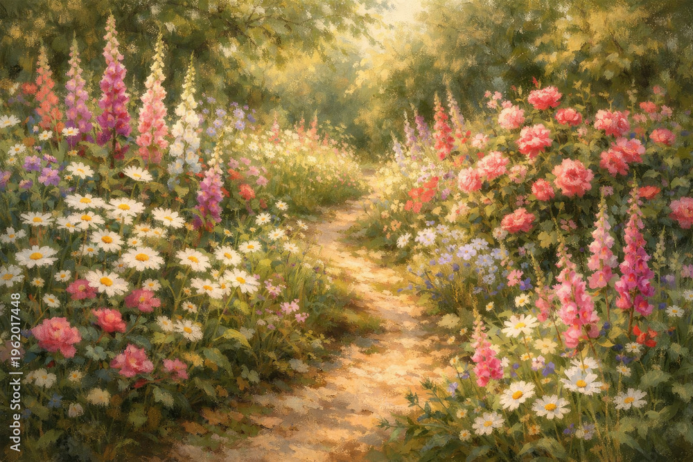 Obraz premium Blooming garden path with colorful flowers in warm sunlight