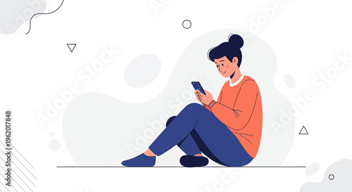Young Woman Sitting on Floor Using Smartphone, Casual Lifestyle Illustration