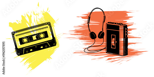 Vintage 80s 90s retro audio cassette tape and portable player with headphones vector set. Music nostalgia concept on abstract colorful background
