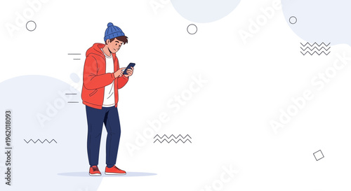 Young man in casual clothes looking at his smartphone, modern abstract background