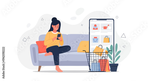 Woman shopping online on phone at home, e-commerce, delivery bags, modern lifestyle