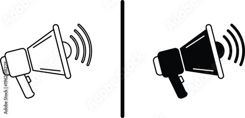 A simple line drawing of two megaphones with sound waves