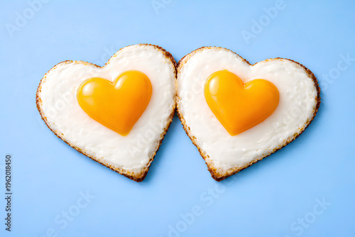 Two Heart-Shaped Fried Eggs on Blue Background, Minimal Love Breakfast Concept