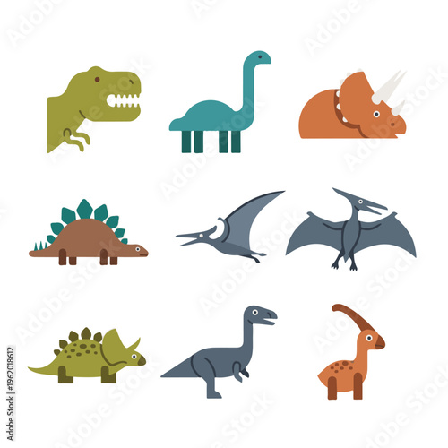 A collection of nine cartoon-style dinosaurs and prehistoric creatures in flat design, including T-Rex, Triceratops, Stegosaurus, and Pterodactyls.