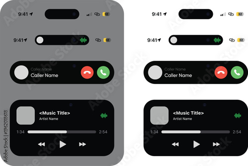 Mobile interface design of status bar elements. Battery, signal indicators, caller ID widgets, music player controls, notch display UI elements. Sleek smartphone  app interface. Mobile screen